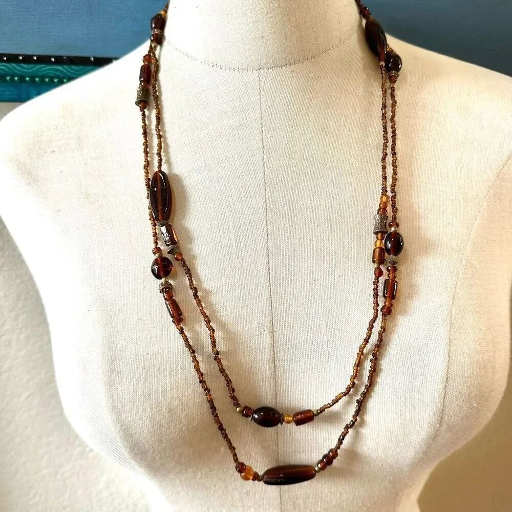 Brown glass beaded long necklace